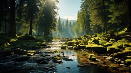 Lush green forest with a serene river flowing through rocks during early morning light