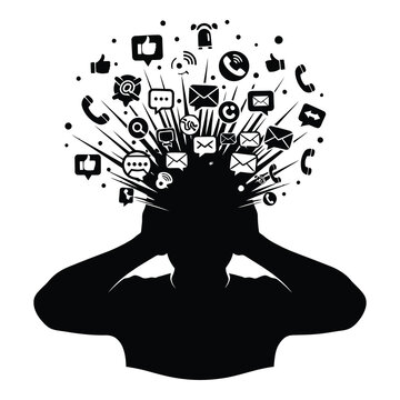 Overwhelmed person with social media and communication icons exploding from head
