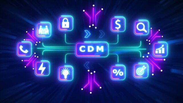 CDM Digital Network with Business and Technology Icons Illuminated in Neon image photo