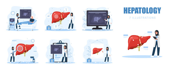 Liver disease and treatment. Medical diagnosis with doctor and patient in clinic. Healthcare flat illustration.