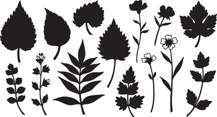 Naklejka premium Black Silhouette of Various Leaves and Flowers Isolated on White Background