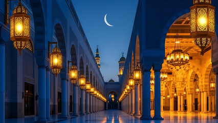 Mosque corridor with illuminated lanterns and a crescent moon in the night sky.