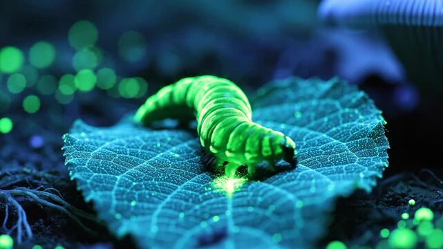 Green Caterpillar on Leaf Macro View.