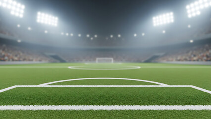 Fototapeta premium Empty soccer stadium with bright lights and green grass field at night.