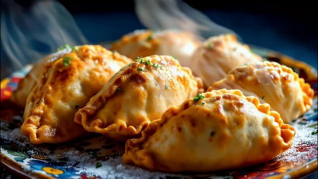 Steaming empanadas on a colorful plate with savory steam rising.