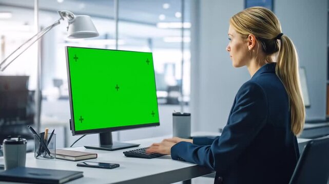 Businesswoman Working on Computer with Green Screen in Office