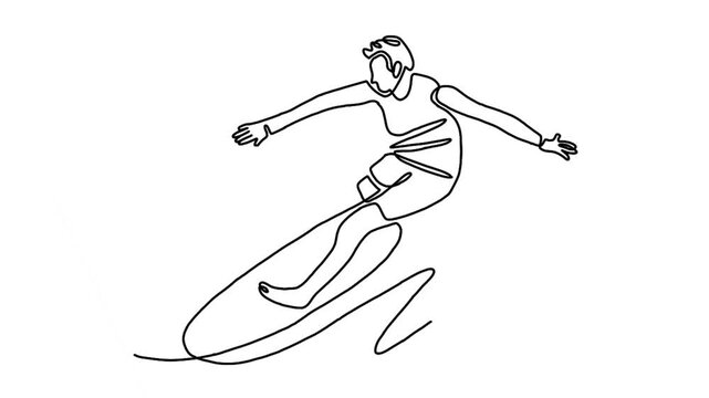 continuous line animation of young professional surfer in action riding the waves