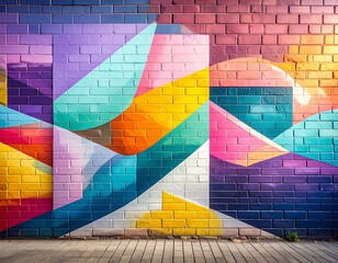 Urban brick wall with abstract graffiti in geometric shapes and pastel tones forms a vibrant colorful background in natural daylight.