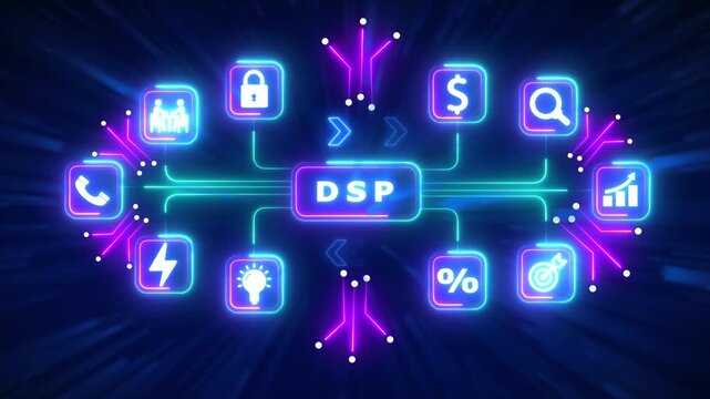 Digital Service Platform concept with glowing neon icons and network connections Keywords: DSP, digital service platform, technology, network, connection, data, communication, icons, neon