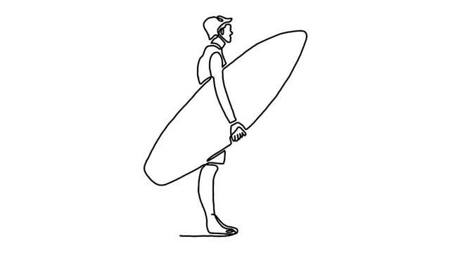 Continuous line animation of man holding a surfboard