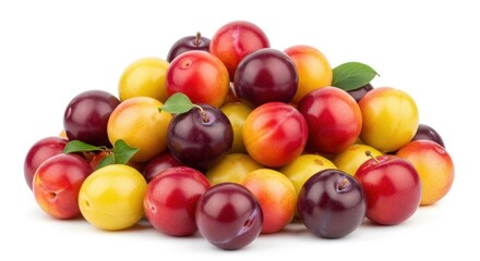 Vibrant assortment of colorful plums creating an eye catching display of natural goodness