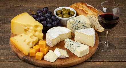 Assorted cheeses grapes olives bread and red wine on wooden board