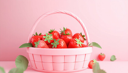 Pink basket filled with fresh strawberries on pastel pink background creates vibrant and cheerful scene