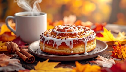 Steaming coffee mug and frosted pastry with cinnamon sticks & leaves
