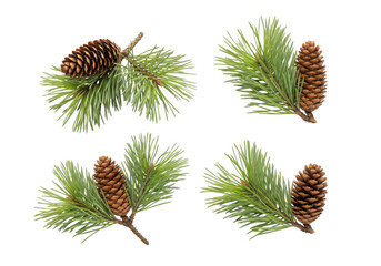 Naklejka premium Four pine branches with cones on a black background