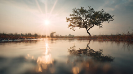 Obraz premium Sunrise over serene lake