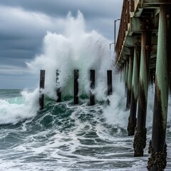 Turbulent ocean surge crashing against the weathered pier under dramatic sky conditions