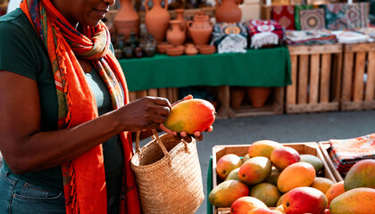 Fototapeta premium African American woman shopping at a vibrant market, selecting fresh mangoes from wooden crates, surrounded by colorful textiles and pottery, showcasing local culture and community