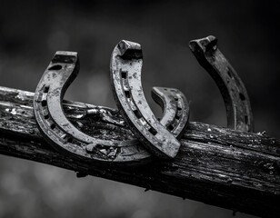 Black and white macro shot of three rusty horseshoes resting on weathered wooden beams. The horseshoe arrangement is centered