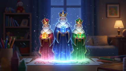Epiphany magical night scene with wise kings holding gifts inside a warm home space showing faith belief spirituality tradition culture childhood wonder and timeless religious celebration commercial