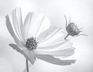 Black and white macro shot showcases a delicate open blossom beside a bud against a soft, blurred background