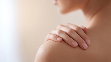 Fototapeta premium Close up of hands gently massaging shoulder with smooth skin in soft natural light for relaxation and care