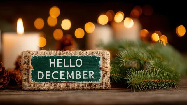 Cozy December scene with 'Hello December' sign and warm lights