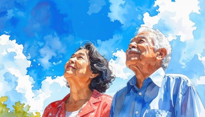 仲良く空を見上げる老夫婦