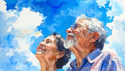 仲良く空を見上げる老夫婦