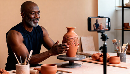 African American man, a skilled potter, is shaping a clay vase on a pottery wheel in a bright studio, showcasing craftsmanship and creativity in pottery making