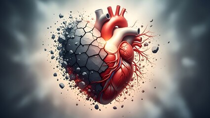 Conceptual Heart breaking apart into rocky debris signifying fragility or emotional turmoil