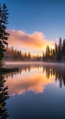 Tranquil lakeside sunrise reflecting ethereal colors on a misty morning