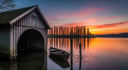Tranquil lakeside boathouse at dawn paints a serene picture of nature's artistry