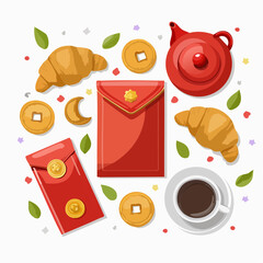 Celebrating the 2026 Chinese New Year of the Fire Horse with red envelopes, gold coins, and festive treats symbolizing prosperity and good luck