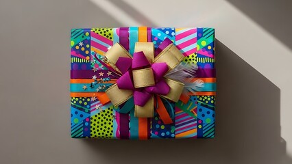 brightly wrapped gift box using bold patterned wrapping paper