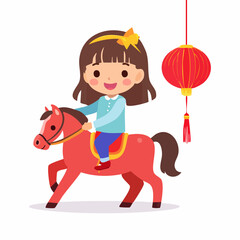 Joyful girl celebrating Chinese New Year 2026 riding a festive fire horse toy with traditional red lantern decorations, symbolizing luck and prosperity for the future
