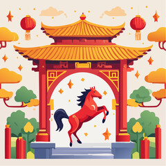 Vibrant 2026 Chinese New Year celebration featuring a dynamic Fire Horse illustration with traditional archway and lanterns