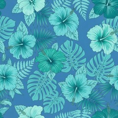 Tropical Hibiscus and Monstera Leaf Pattern in Cool Tones Design Element
