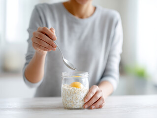 Overnight oats preparation with raw egg in glass jar held by person wearing gray shirt in bright kitchen