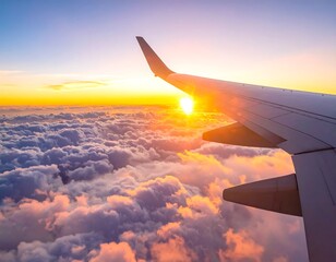 Aerial view of a plane wing against a sunrise, above fluffy clouds