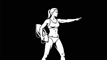 Stylized female traveler with backpack pointing forward.