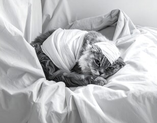Black and white photograph of a cat wrapped in bandages, curled up on rumpled, soft bedding. The feline's expression appears subdued
