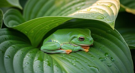 Tranquil scene featuring a green tree frog resting peacefully on lush, verdant foliage