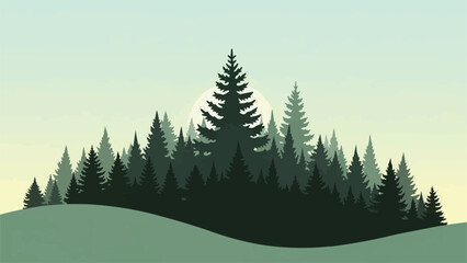 Dense pine forest silhouette on rolling hillside. © Muhril