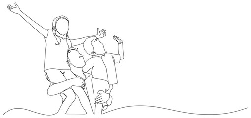 Continuous line drawing of a happy father carrying children on shoulders