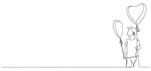 Continuous line drawing of a boy holding heart balloons