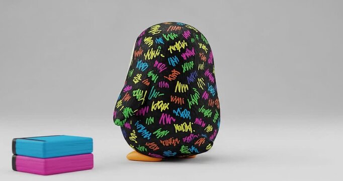 Colorful penguin figurine with vibrant patterns, surrounded by colorful markers and blocks