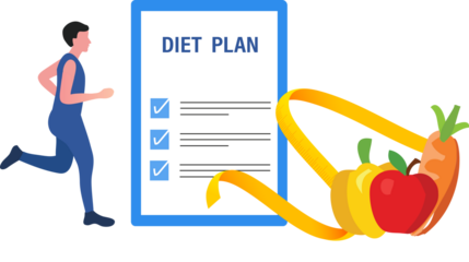 Diet plan concept. People do jogging and riding and eating healthy food for dietary eating, meal planning, healthy lifestyle and nutrition v