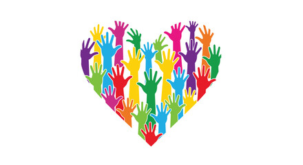 Large heart shape composed of many colorful raised hands in different sizes, symbolizing diversity, community, volunteerism, and love.