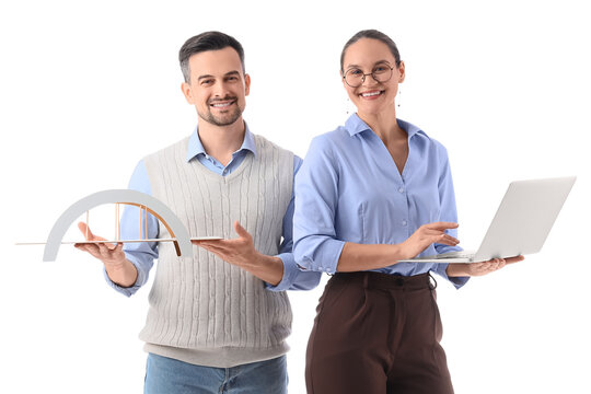 Young architects with 3D model of bridge and laptop on white background - Powered by Adobe